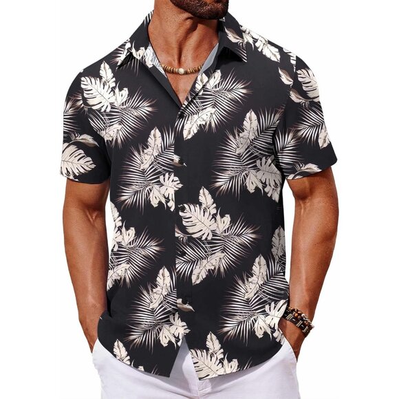 Men's Hawaiian Shirt Black Tropical Floral Print Short Sleeve Button Up Casual - Picture 1 of 6